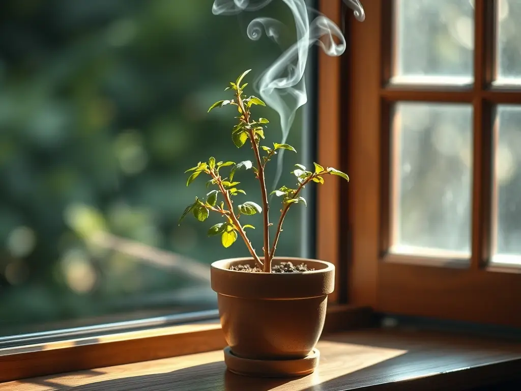 A serene image of mugwort incense smoke swirling in warm morning light near a potted mugwort plant on a wooden windowsill, creating a calming and inviting atmosphere.