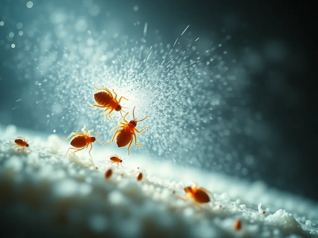 A microscopic view of dust mites being repelled by a mist of herbal spray, visually demonstrating the product's effectiveness in eliminating these allergens.