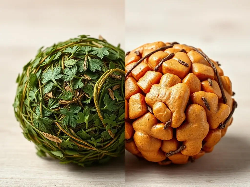 A split image showcasing both the green Mugwort ball and the amber Ginger ball side-by-side, highlighting the visual contrast and unique herbal compositions.