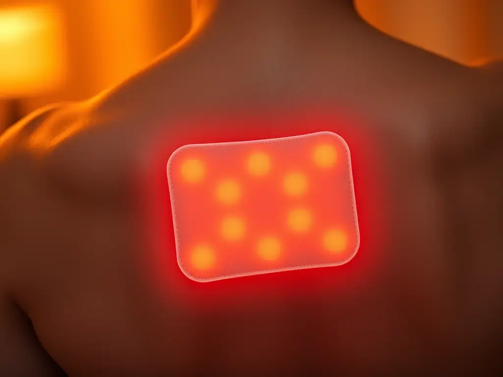 Close-up shot of the Moxibustion Hot Compress applied to a person's lower back, with a gentle, warm glow emanating from the pad, suggesting pain relief and relaxation.