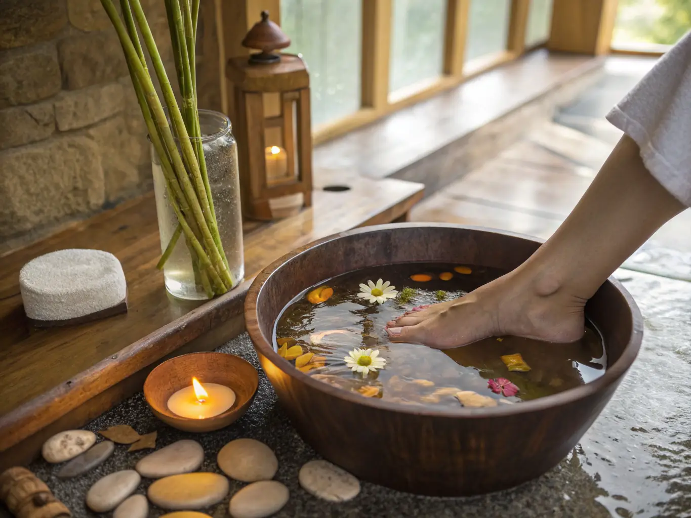 A close-up shot of a steaming foot bath with an amber-colored herbal ball dissolving, with sliced ginger and warm lighting to highlight its invigorating effects.