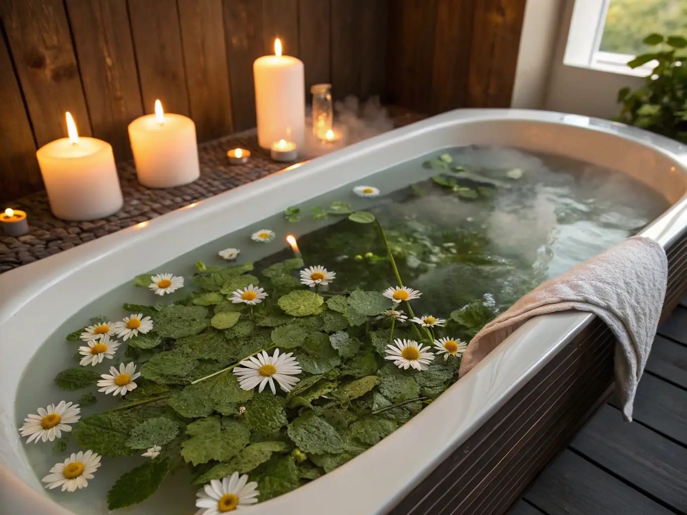 A close-up shot of a steaming foot bath with a green-tinted herbal ball dissolving, surrounded by sprigs of mugwort and soft lighting to emphasize its calming properties.