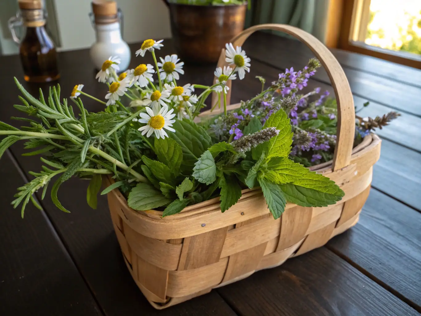 A close-up shot of fresh mugwort leaves, showcasing their vibrant green color and unique texture, set against a blurred background of a traditional apothecary setting with vintage bottles and herbal remedies.