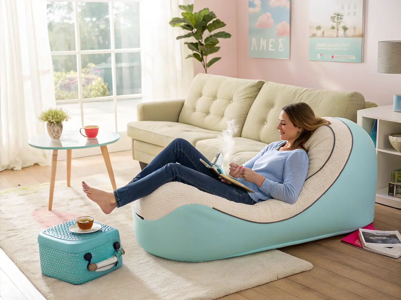 Image of a person's legs and feet after a long day of travel, with the foot patches applied. The setting is a comfortable home environment.