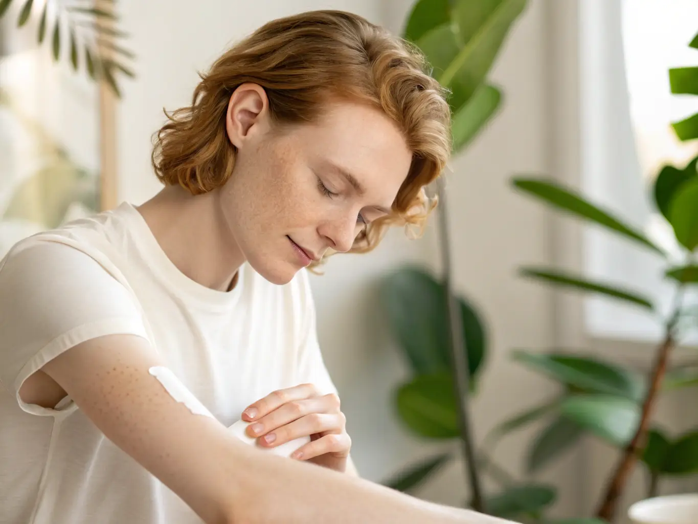 A person applying a soothing mugwort balm to their skin, with a focus on the natural ingredients and the gentle application process, highlighting the relief it provides for minor skin irritations.