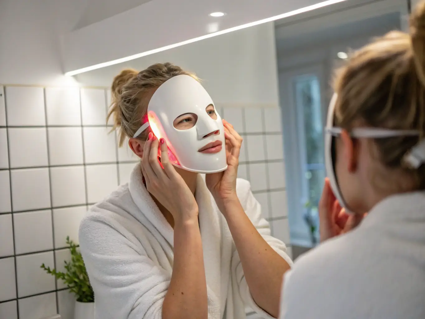 A person applying the TFS Health & Home steam eye mask, with a focus on the under-eye area, subtly lightened to represent the effect of reducing dark circles. The background is a clean, well-lit bathroom setting.