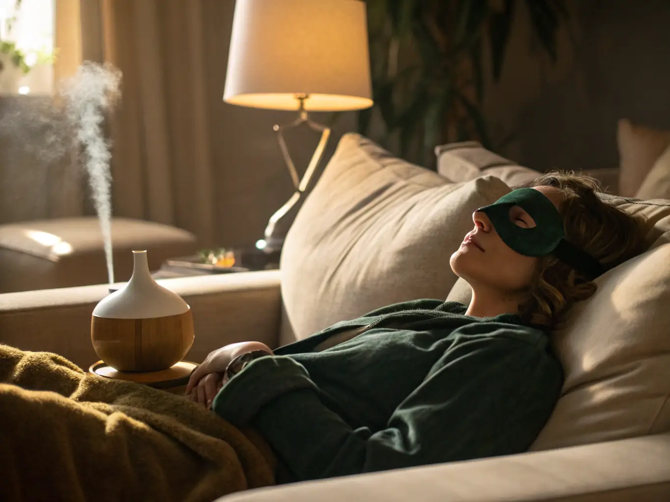 Close-up shot of a person wearing the TFS Health & Home steam eye mask, eyes closed in a relaxed state, with a soft, blurred background suggesting a peaceful bedroom setting. The focus is on the gentle expression and the mask's comforting presence.