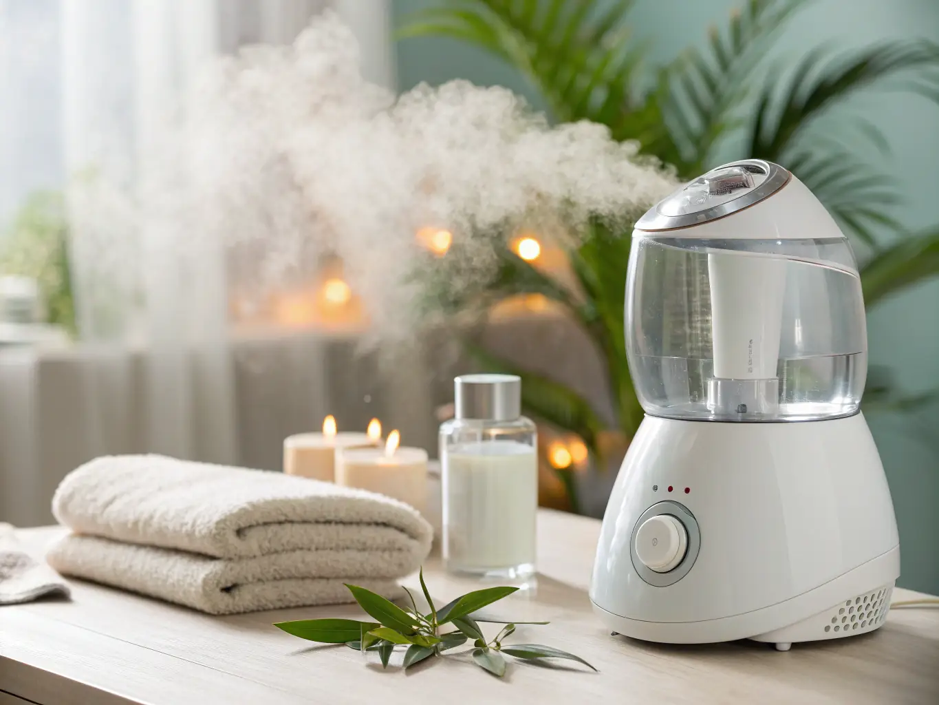 An opened TFS Health & Home steam eye mask resting on a plush towel, with a gentle wisp of steam rising to illustrate the self-heating feature. The background is a cozy spa setting with soft lighting.