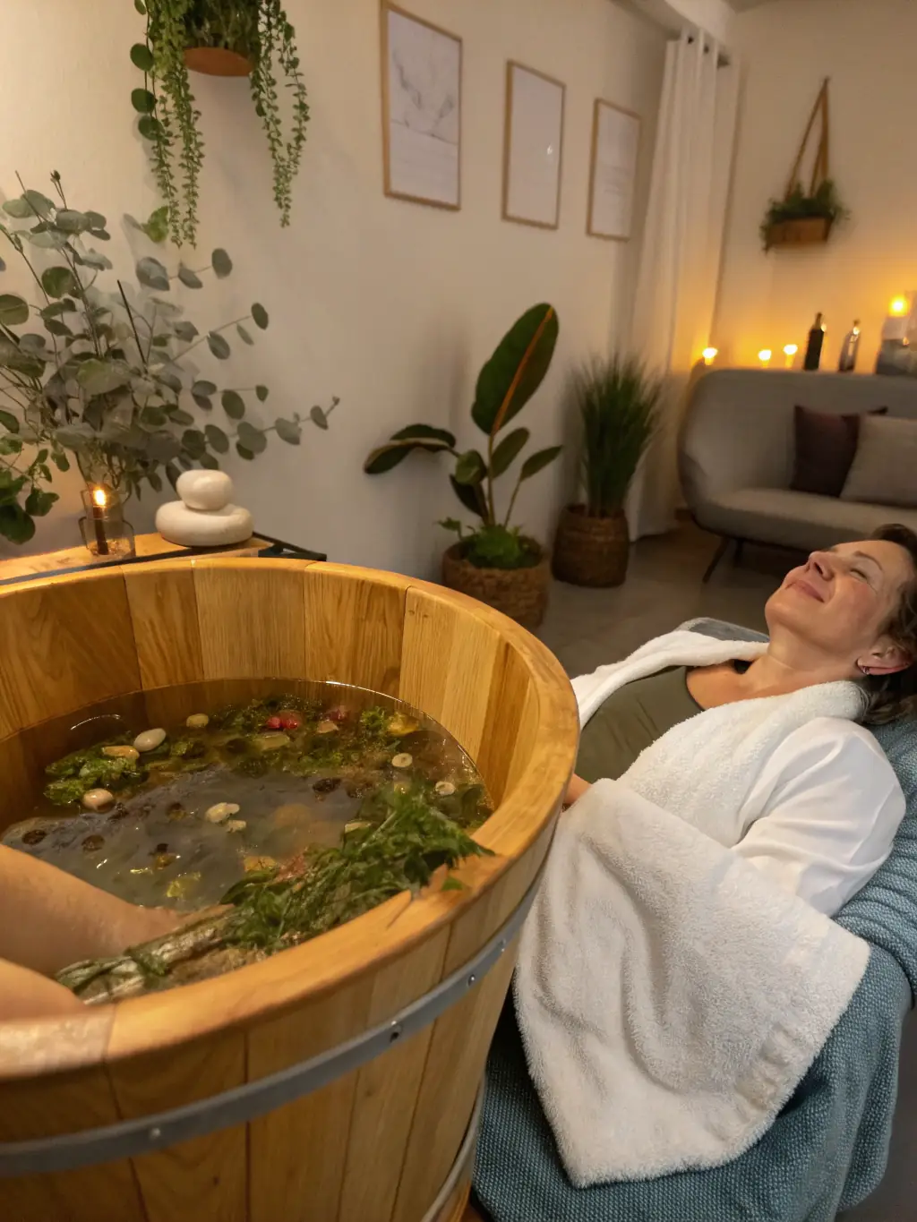 A close-up shot of a ginger herbal foot spa ball dissolving in warm water, releasing a vibrant orange hue and aromatic steam.