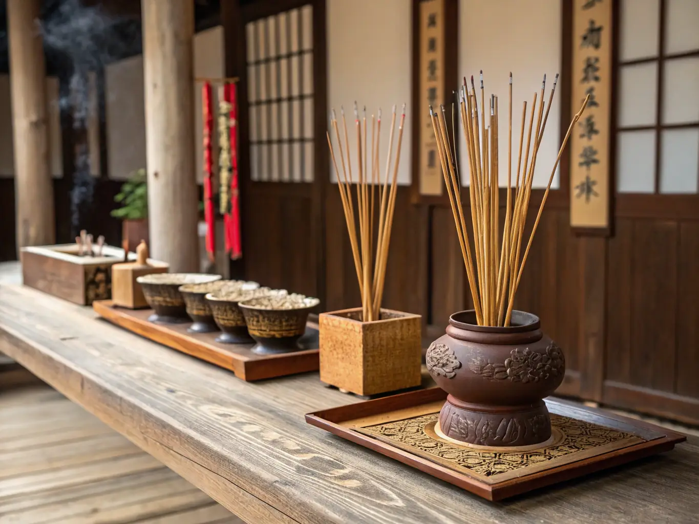 A visually appealing arrangement of mugwort incense sticks, a natural wooden holder, and a small dish of dried mugwort leaves, showcasing the natural and authentic ingredients.
