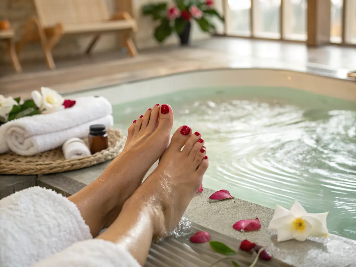 Close-up shot of a foot patch applied to the sole of a foot, with subtle steam rising to indicate detoxification. The background is a soft, warm color to convey comfort.
