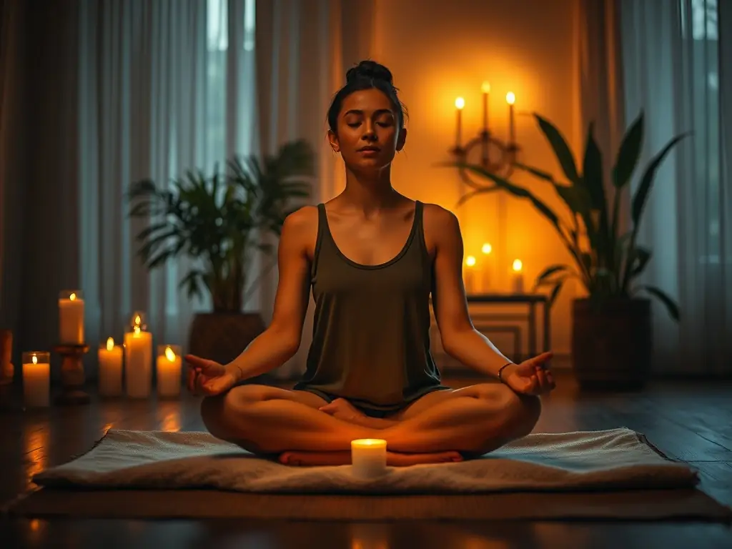 A serene image of a person meditating peacefully in a dimly lit room, with soft, warm light illuminating their face, and a subtle aroma of mugwort incense filling the air.