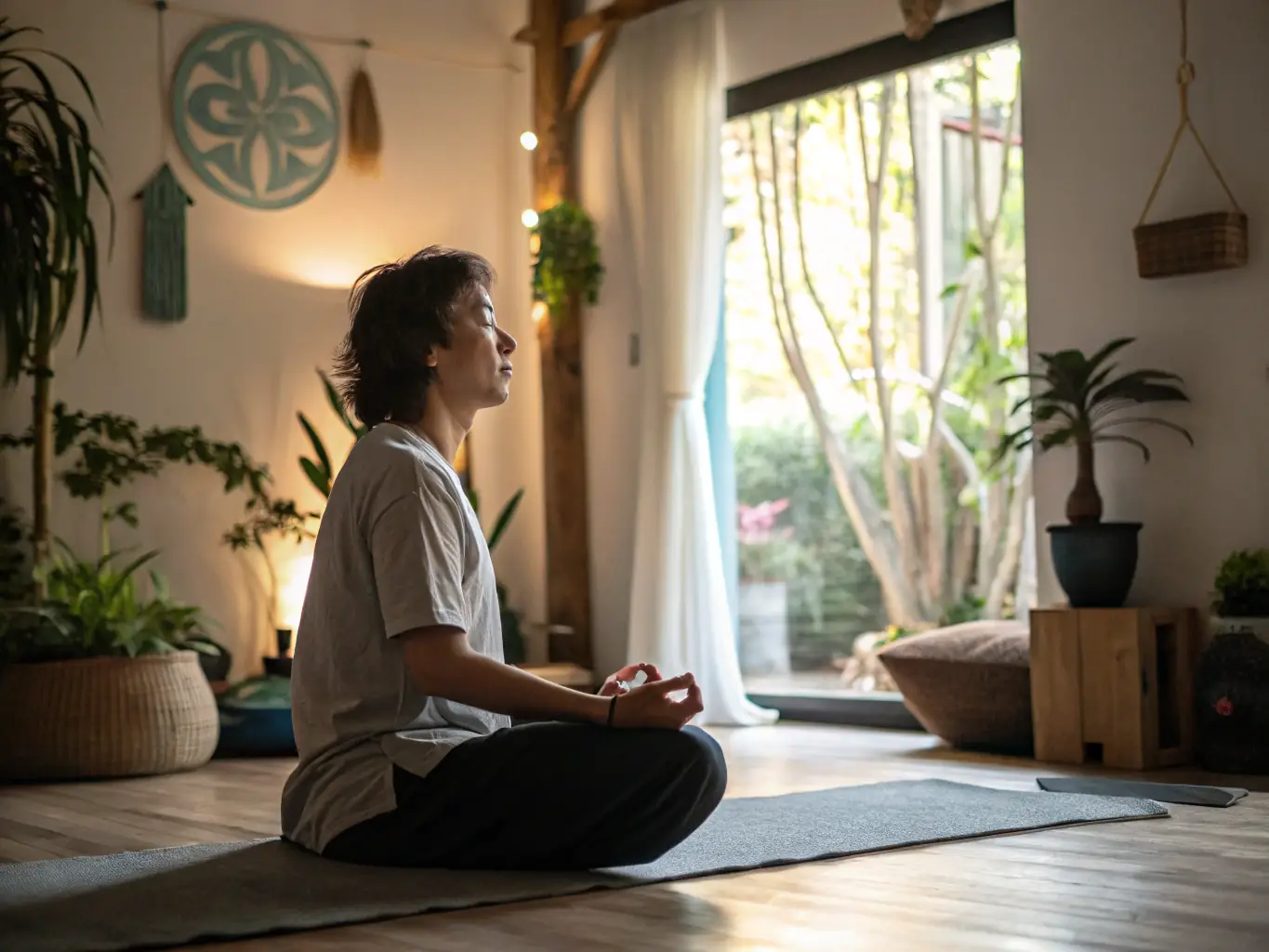 A serene image showcasing a person meditating with TFS HEALTH & HOME's burning mugwort incense in the background, creating a peaceful and focused environment, highlighting the incense's role in enhancing mindfulness and relaxation.