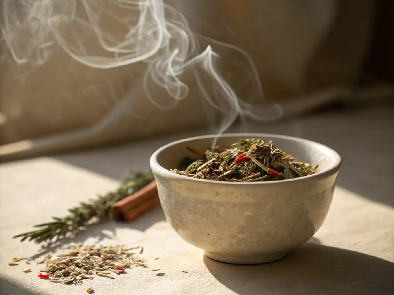 A close-up shot of TFS HEALTH & HOME's mugwort incense stick placed elegantly in a natural bamboo holder, with soft, diffused light creating a warm and inviting atmosphere, emphasizing the natural elements and gentle smoke rising.