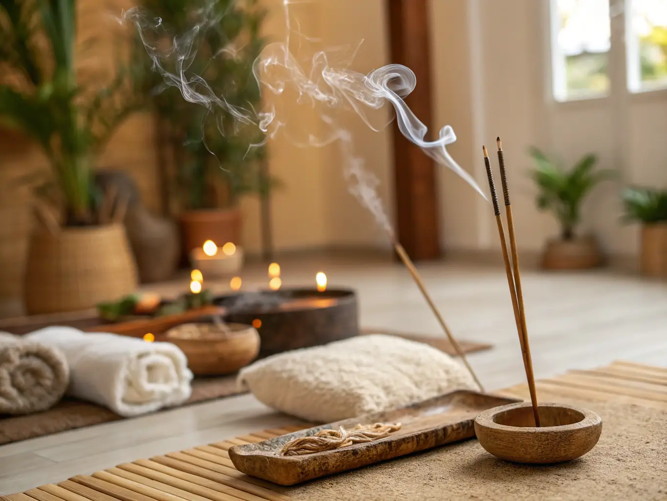 A close-up shot of a person lighting a mugwort incense stick, with a focus on the gentle flame and the initial wisps of smoke, symbolizing the start of a relaxation ritual.