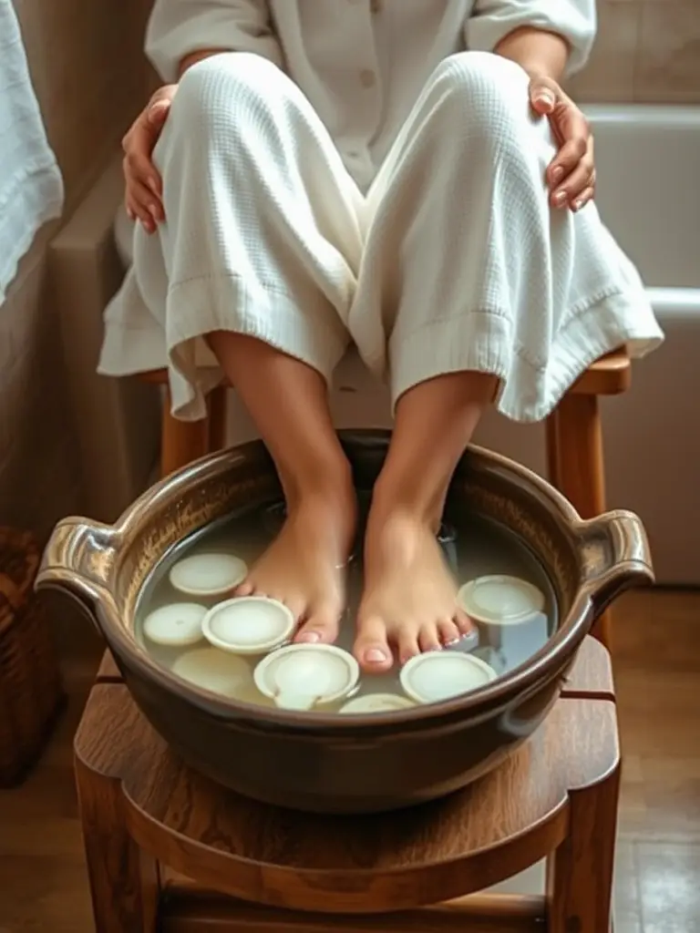 An inviting image of a person enjoying a foot spa with both ginger and mugwort balls, highlighting the ease and pleasure of the ritual.