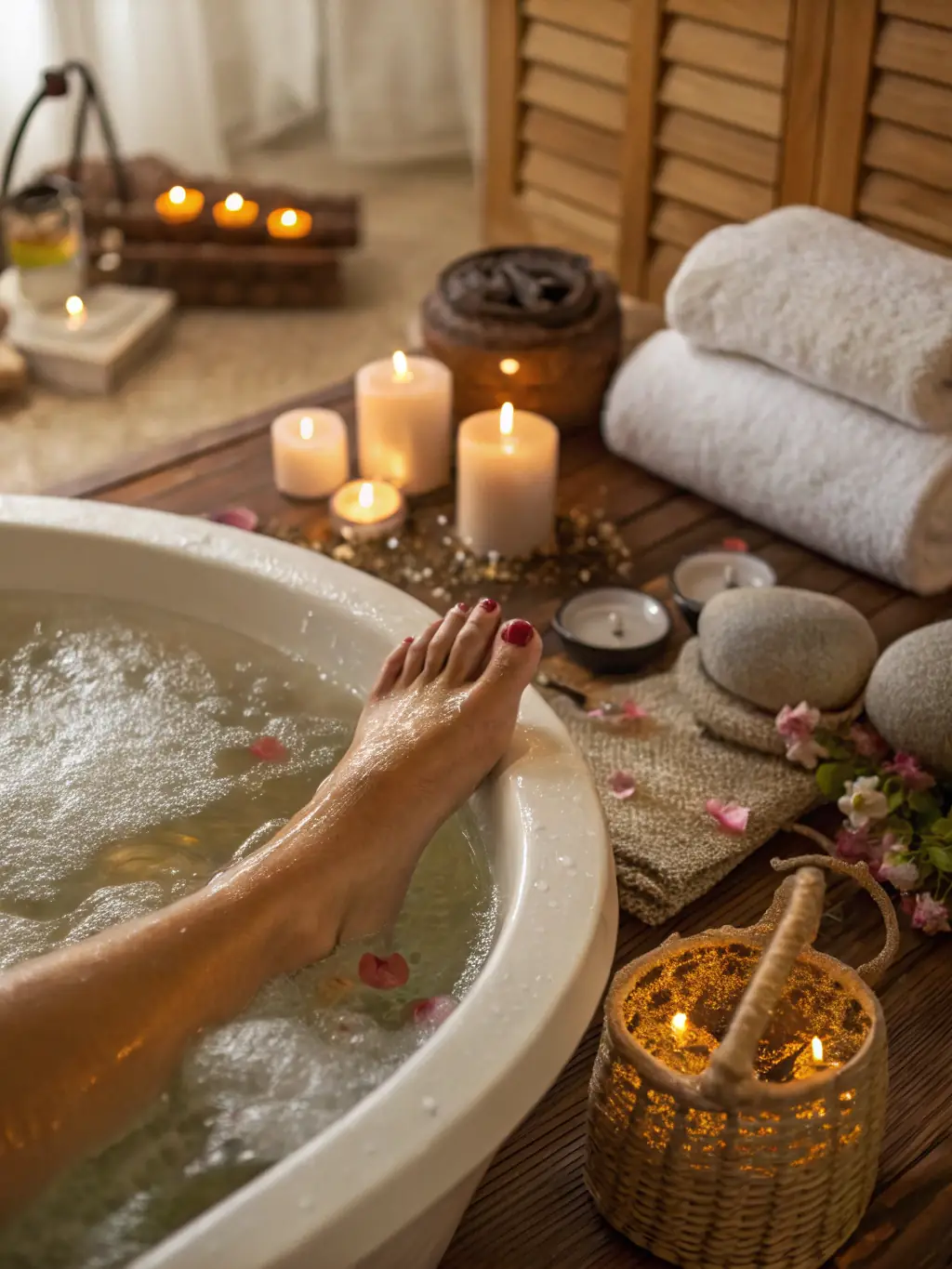 A serene image of a mugwort herbal foot spa ball infusing a foot bath with a calming green tint, surrounded by fresh mugwort leaves.