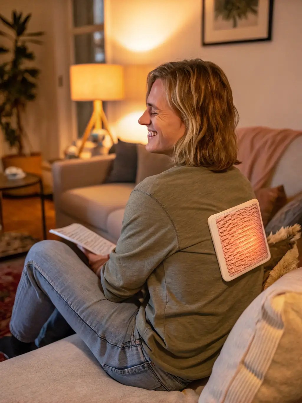 An image showing the Mugwort Wormwood Aicao Heat Pad being applied to a person's lower back. The person should appear relaxed and comfortable, with a soft, warm light illuminating the scene to emphasize the soothing effect of the pad.